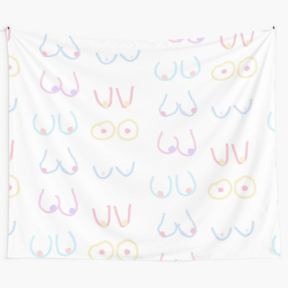 Pastel-colored tapestry featuring a diverse array of boob illustrations