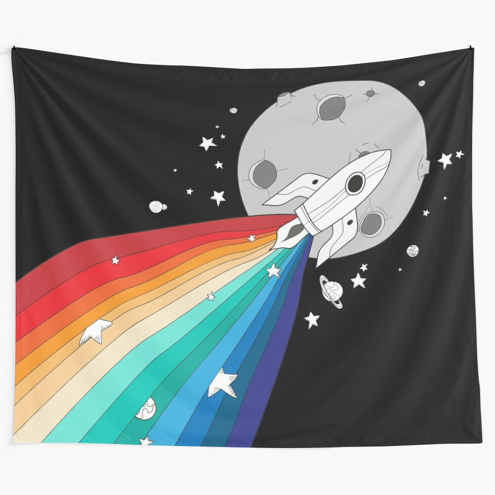 Colorful tapestry depicting a rocket soaring through a starry, rainbow-filled sky