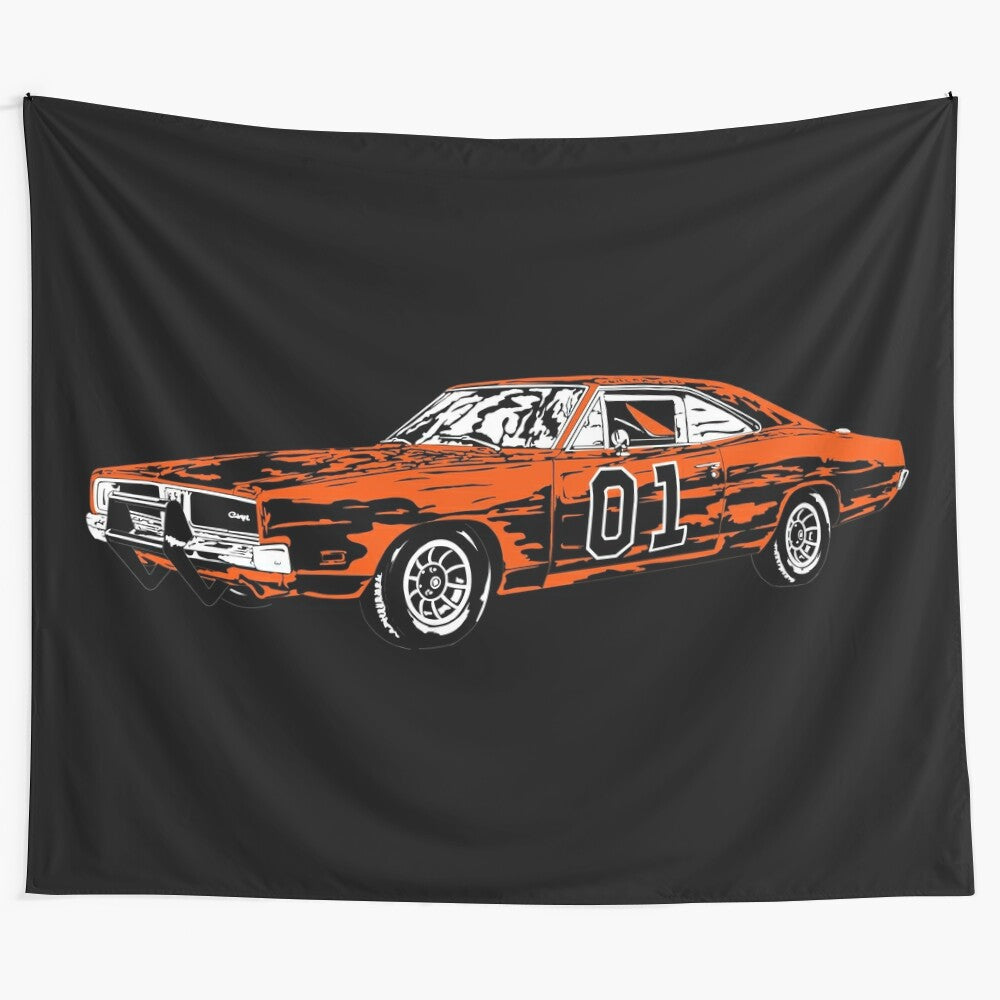 Vintage-style tapestry featuring the iconic General Lee car from the 1980s TV show The Dukes of Hazzard