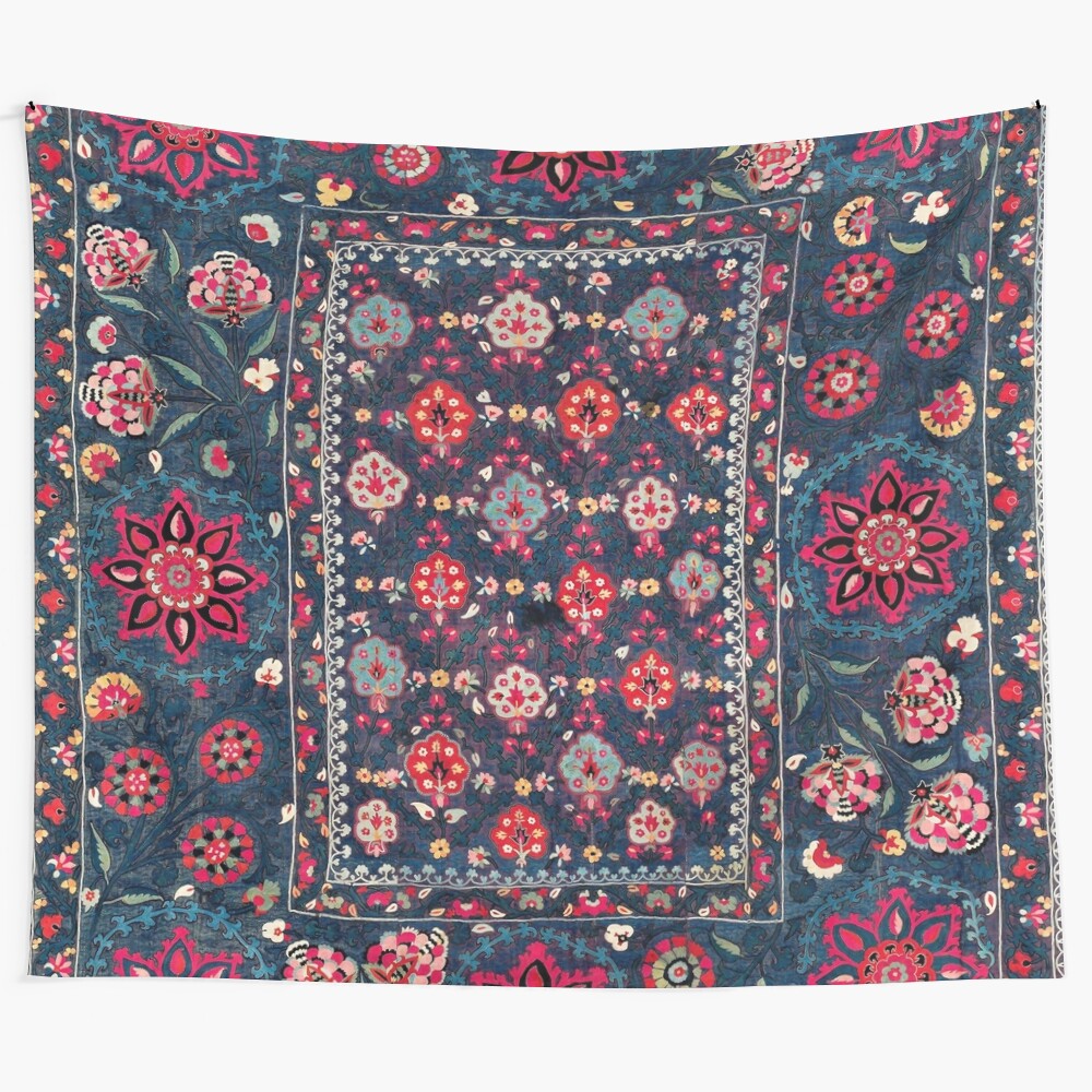 Vintage Uzbek embroidered tapestry with boho geometric design