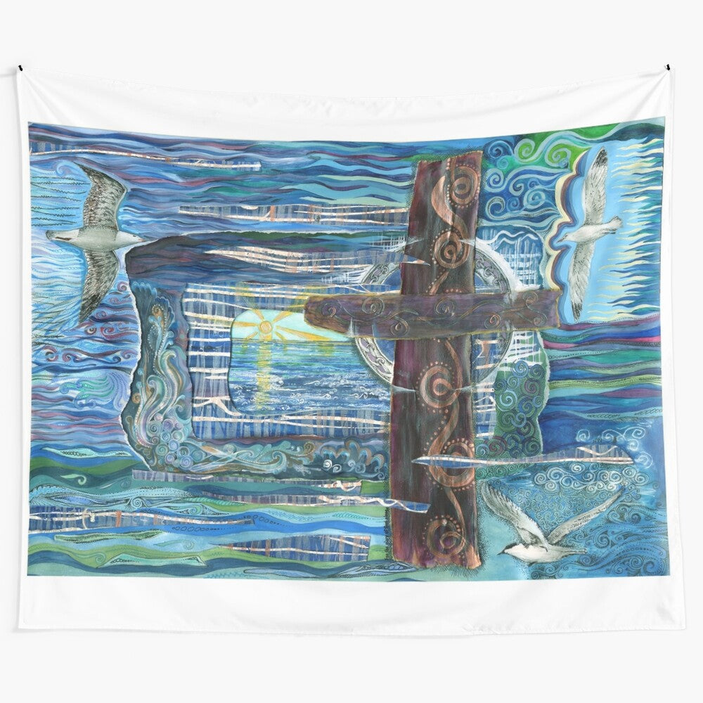 Inspired tapestry featuring artwork from the Lindisfarne Gospels