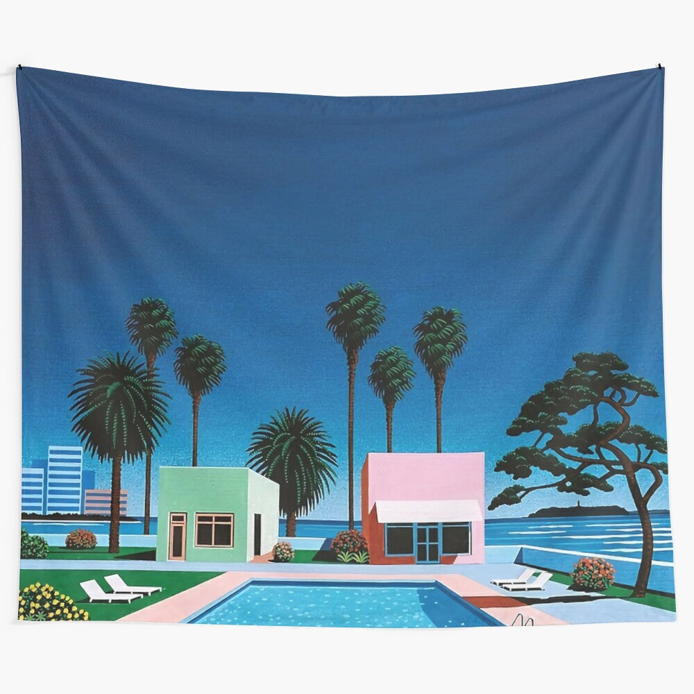 Retro vaporwave tapestry featuring ocean waves, palm trees, and synthwave-inspired aesthetics