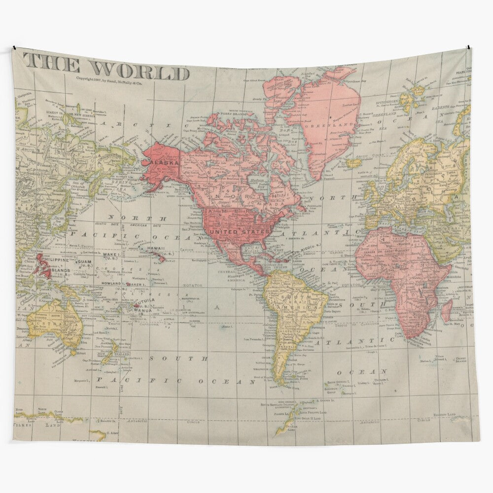 Vintage 1907 world map tapestry depicting historical global geography