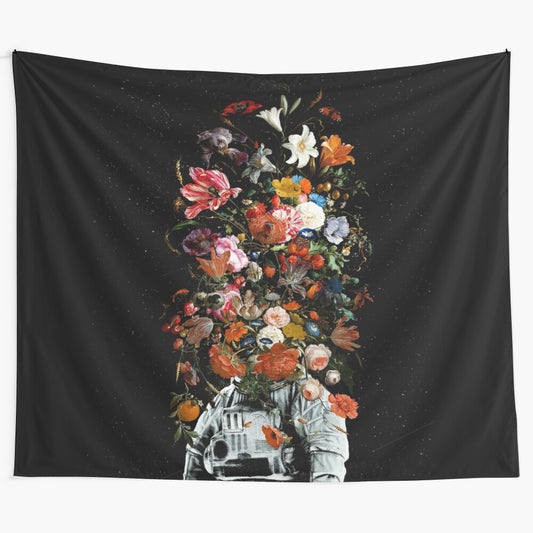 Cosmic floral tapestry featuring an astronaut surrounded by surreal, galactic plants and flowers