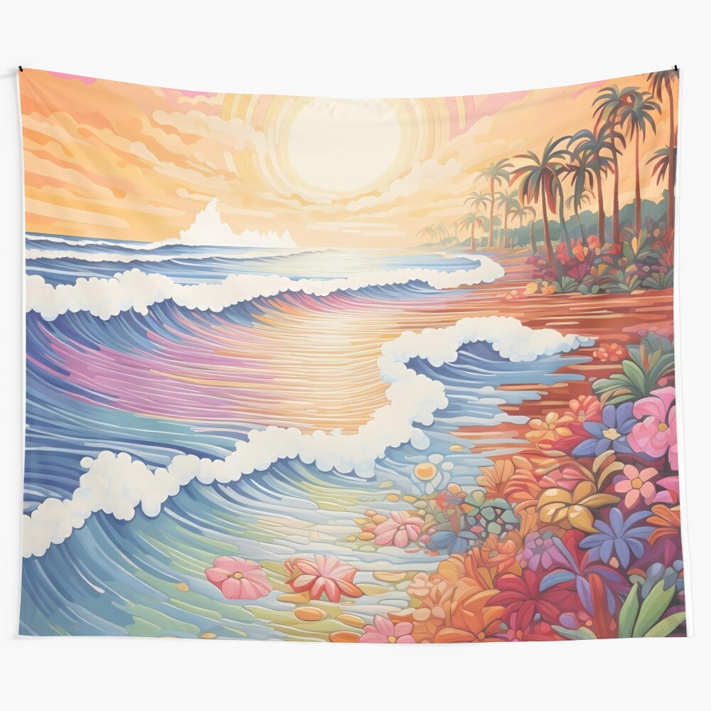 Psychedelic beach scene with colorful waves tapestry