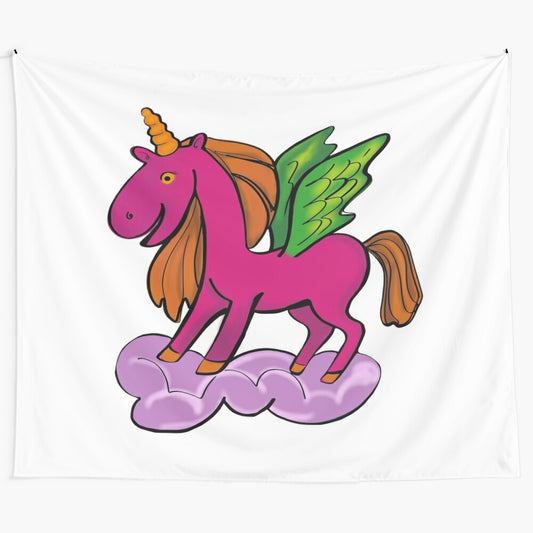 Colorful cartoon unicorn tapestry featuring a vibrant, magical unicorn figure