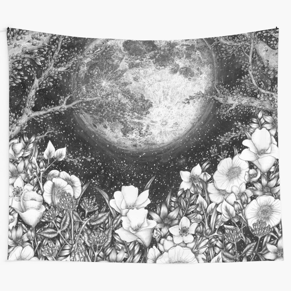 Midnight in the Garden Tapestry featuring a full moon, flowers, and nature