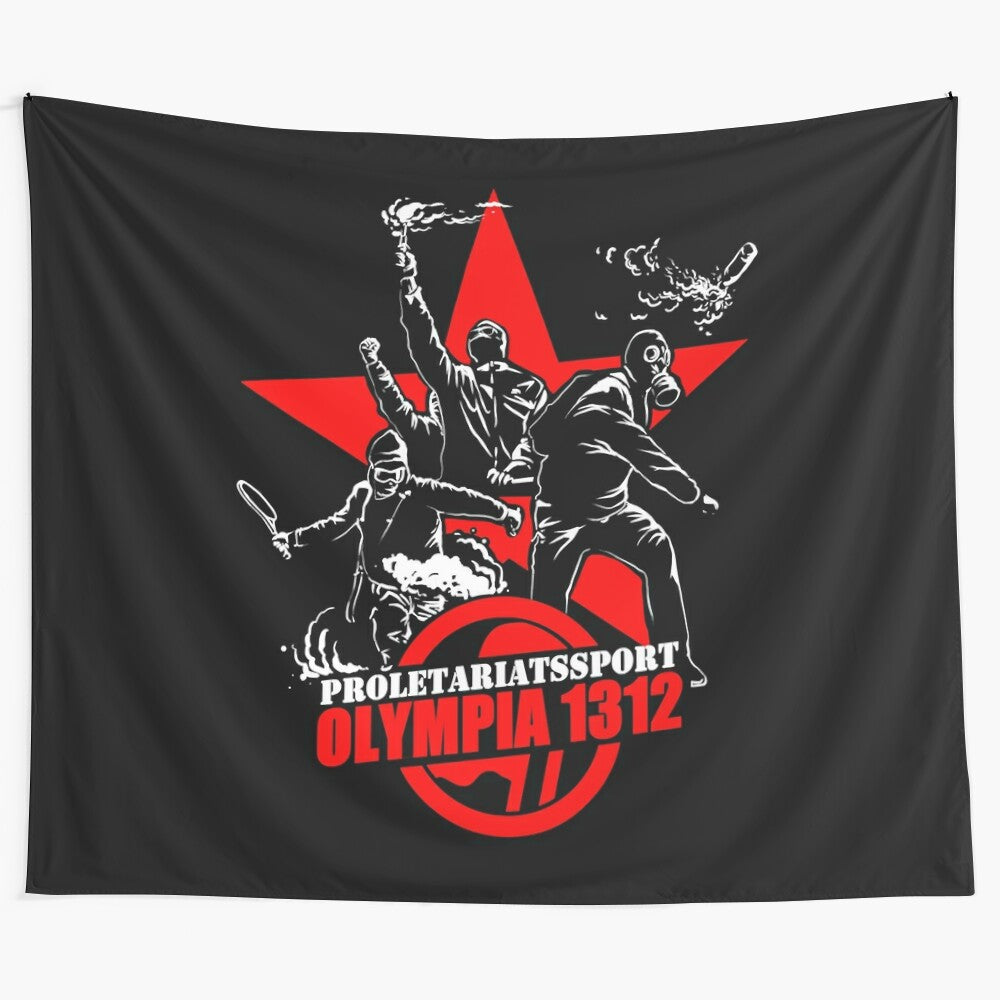 Antifa inspired essential t-shirt with Olympia sport design tapestry