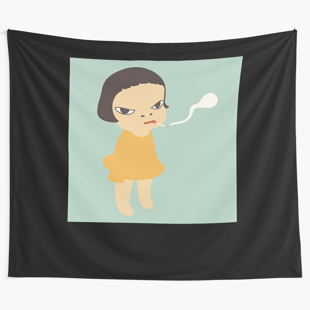 Yoshitomo Nara-inspired tapestry featuring a Japanese girl smoking