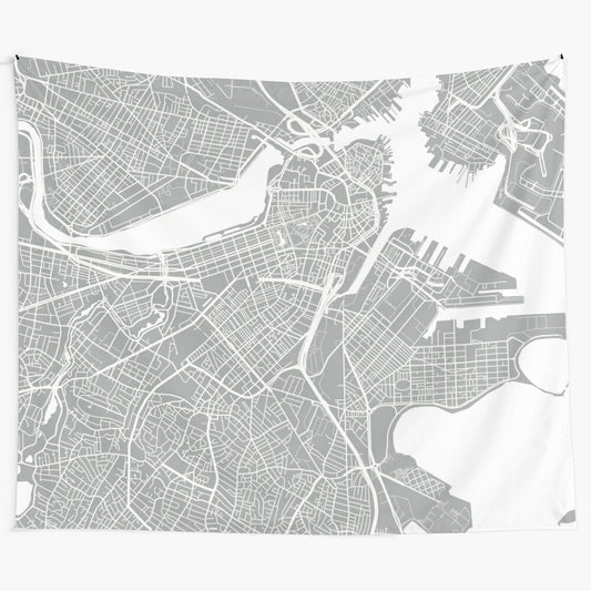 Grey tapestry featuring a map of Boston, Massachusetts