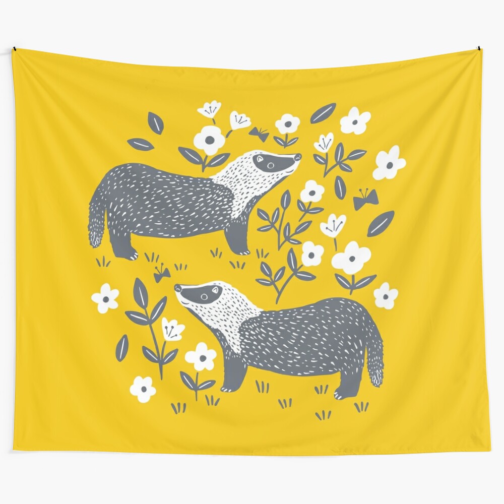 Vibrant yellow and gray badger tapestry design