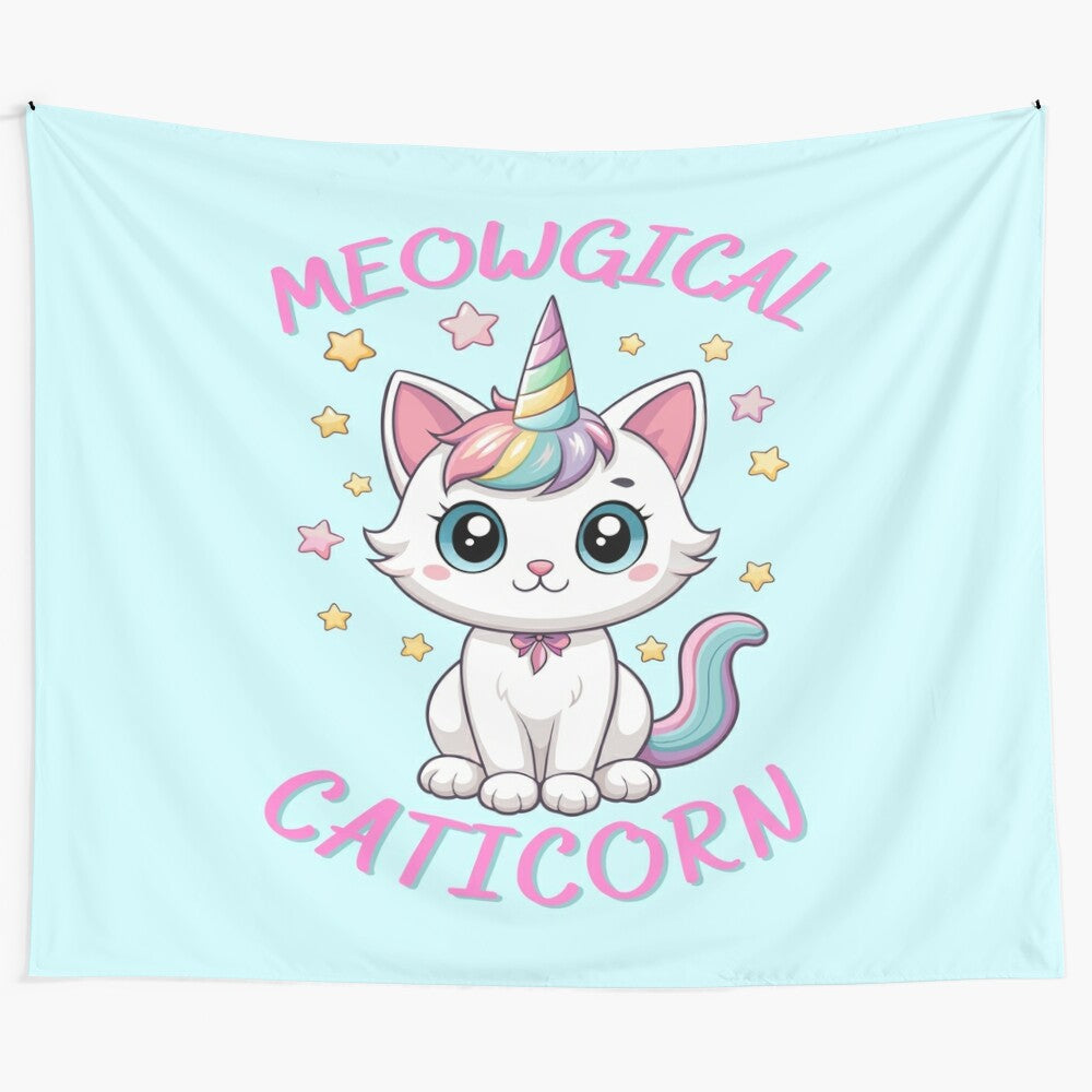 Enchanting Caticorn: Magical cat-unicorn hybrid tapestry