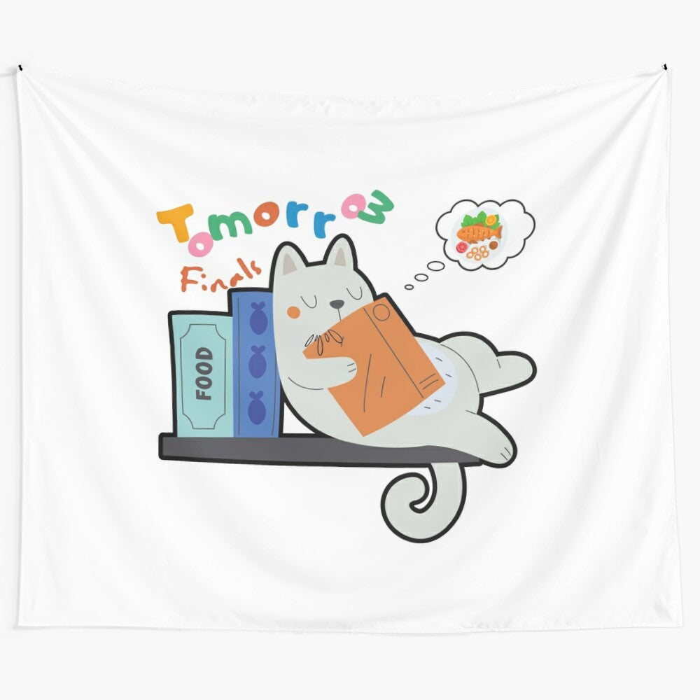 Adorable anime-style cat tapestry with a "Finals Tomorrow, Burned the Midnight Oil" theme