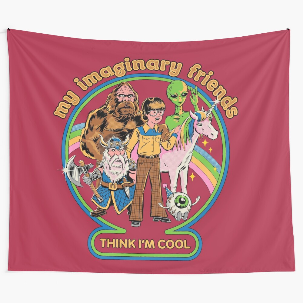 Imaginary friends tapestry featuring mythological creatures and retro 80s style