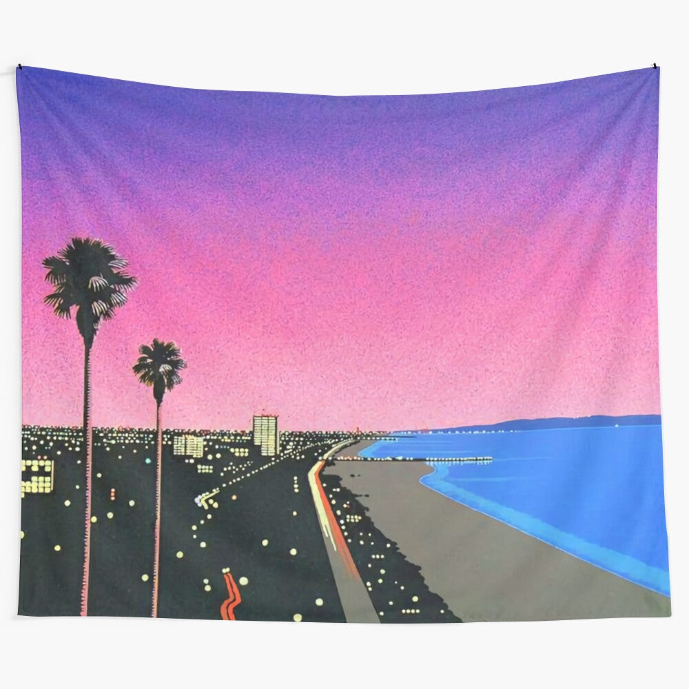 Vaporwave tapestry featuring Hiroshi Nagai-inspired beach and palm tree artwork