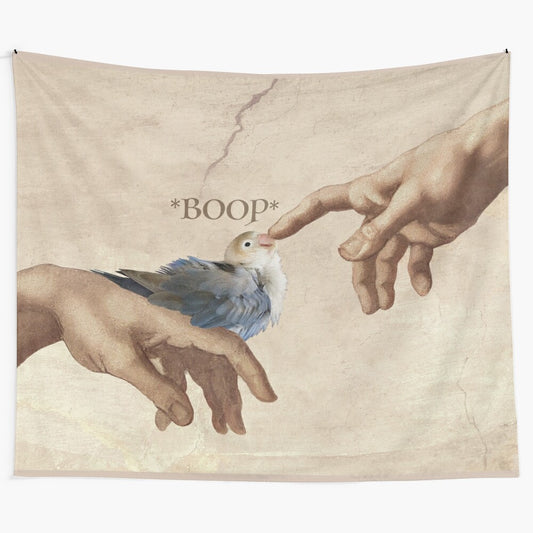 Cute lovebird tapestry featuring a parody of the Sistine Chapel's "The Creation of Adam" scene