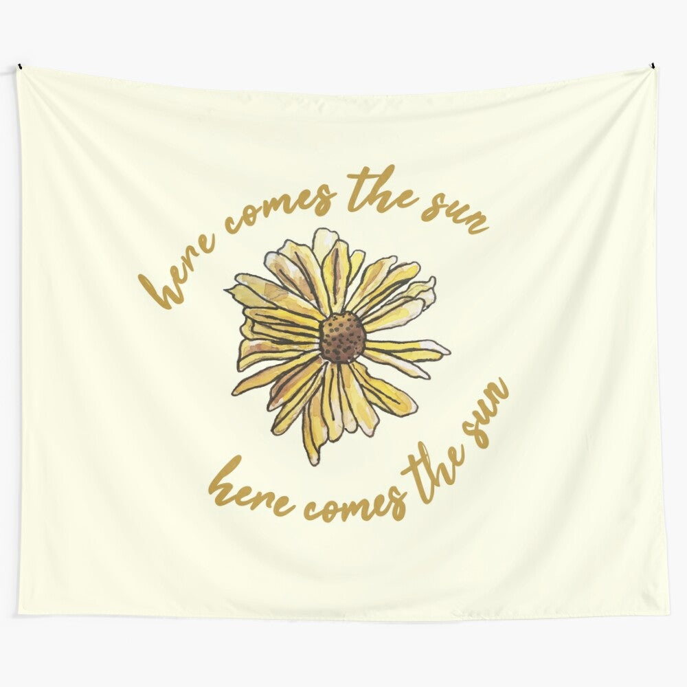 Watercolor tapestry with "Here Comes the Sun" beatles lyrics and sunflower design