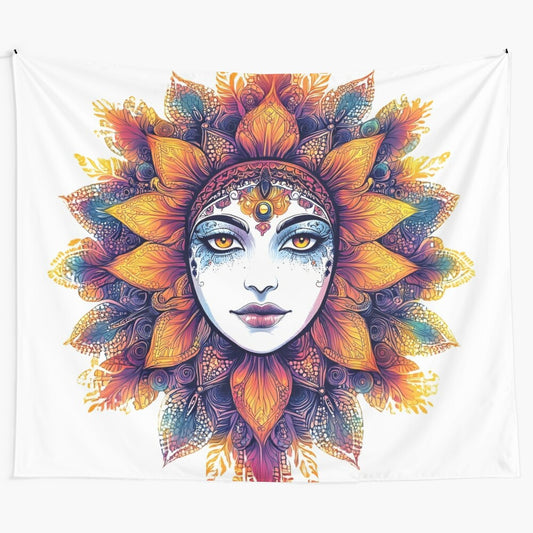 Detailed sun goddess tapestry with autumn leaf rays and symmetrical psychedelic illustration