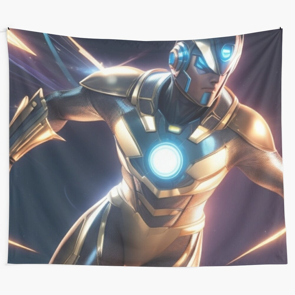 Metallic futuristic superhero silhouette with glowing lights in a night sky tapestry