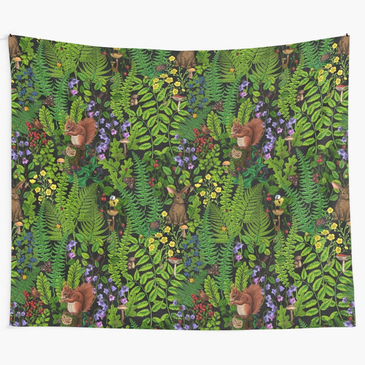 Tapestry featuring a forest scene with squirrel, bird, rabbit, and botanical elements