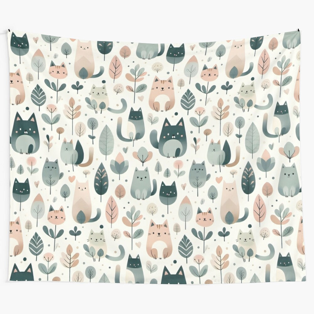 Whimsical pastel tapestry featuring playful cats amidst a serene forest landscape