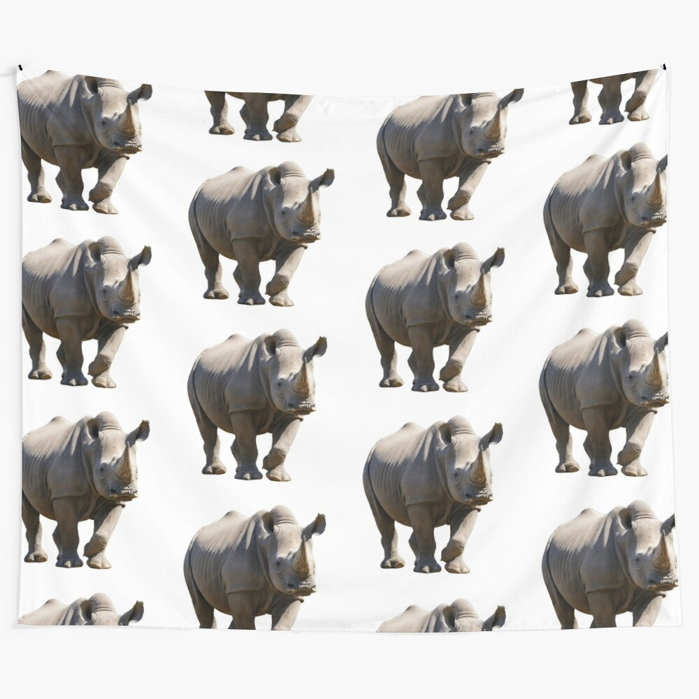 Whimsical rhinoceros tapestry featuring a cute, cartoon-style rhino