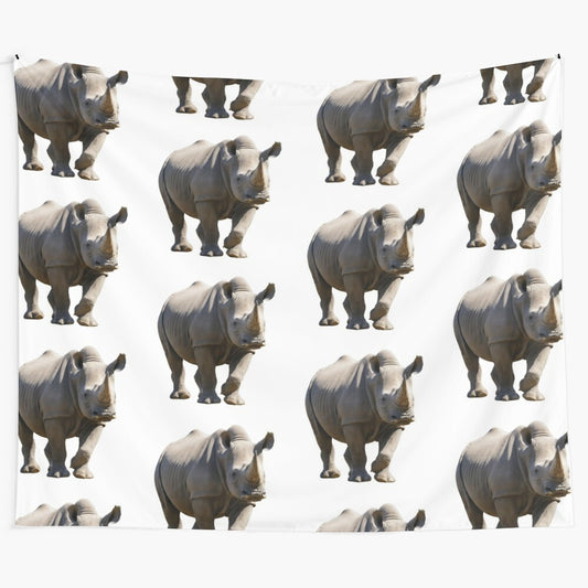 Whimsical rhinoceros tapestry featuring a cute, cartoon-style rhino