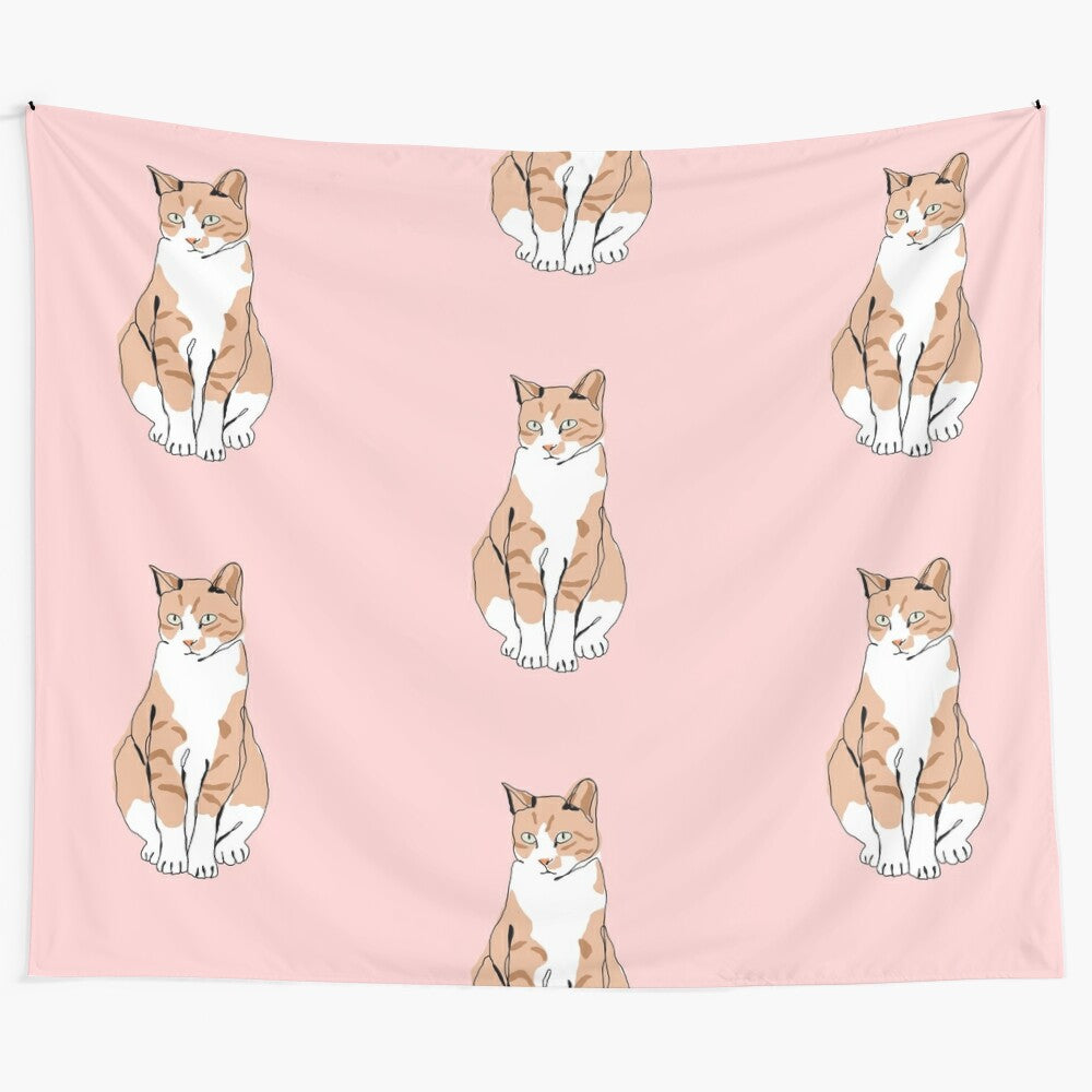 Colorful cat tapestry featuring musical elements, superheroes, and various hobbies and interests