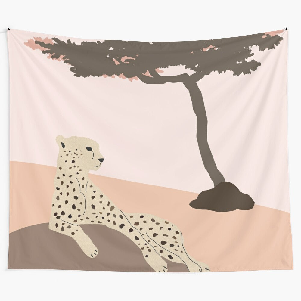 Resting cheetah on a neutral tapestry with botanical and nature elements