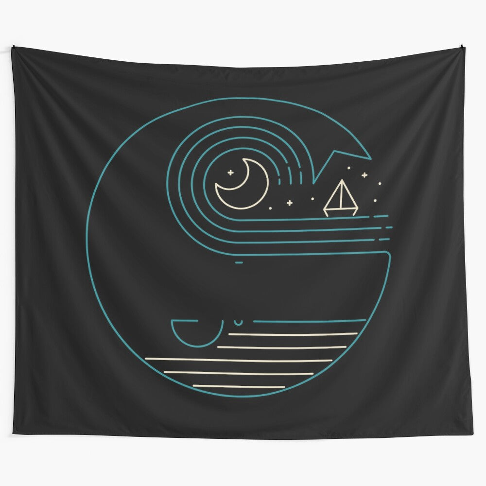 Minimalist art tapestry featuring a whale, moon, boat, and ocean scene