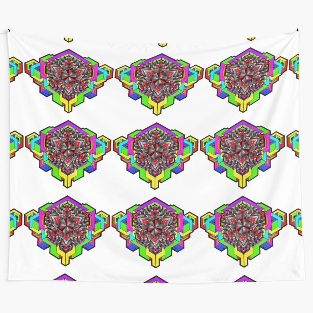 Vibrant geodala tapestry featuring sacred geometric patterns and psychedelic design