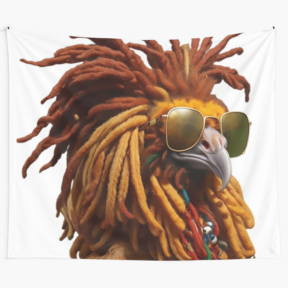 Colorful tapestry featuring a rastafarian-style chicken design