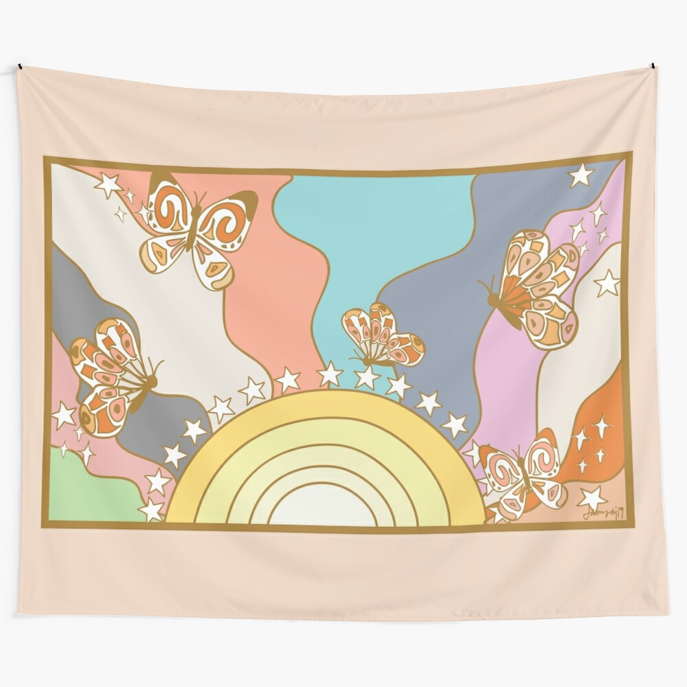 Colorful vintage-style tapestry featuring a rainbow butterfly pattern