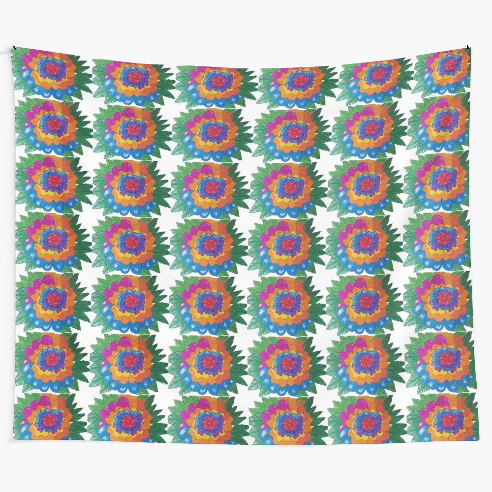 Colorful floral cycle tapestry with abstract and geometric patterns