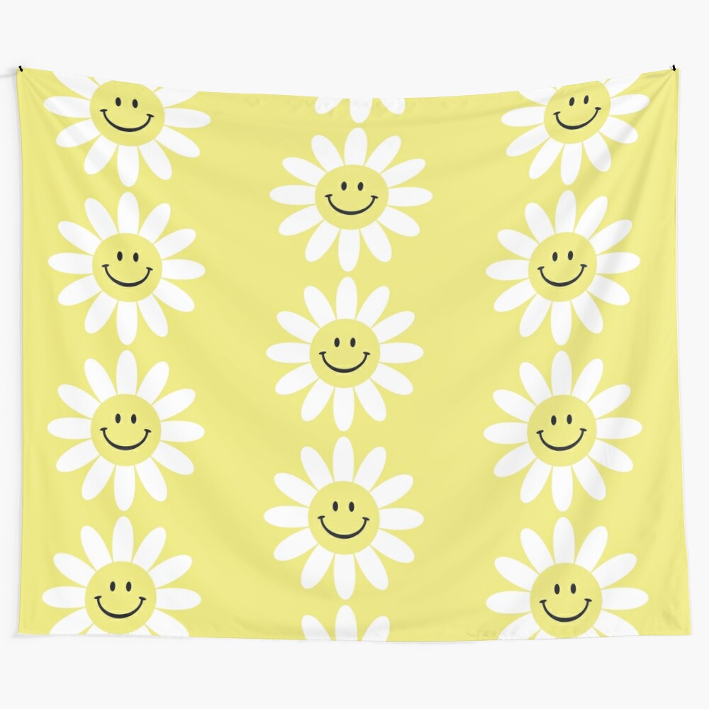 Retro floral smiley face tapestry for boho, hippie chic, and groovy home decor