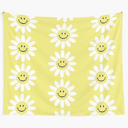 Retro floral smiley face tapestry for boho, hippie chic, and groovy home decor