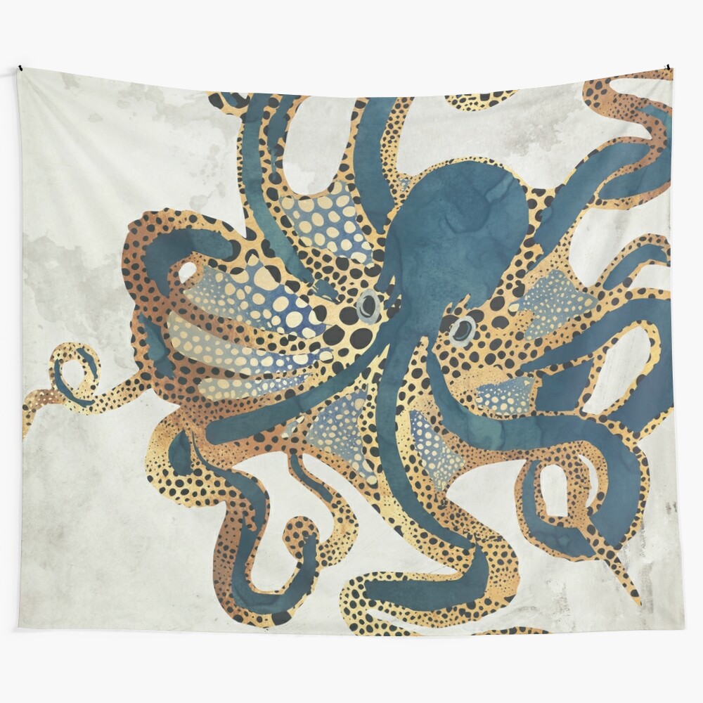 Underwater Dream VI Tapestry featuring abstract octopus and marine life in gold, blue, and watercolor tones