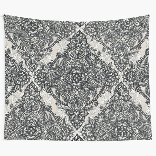 Charcoal lace pencil doodle tapestry featuring a boho-inspired, monochrome pattern