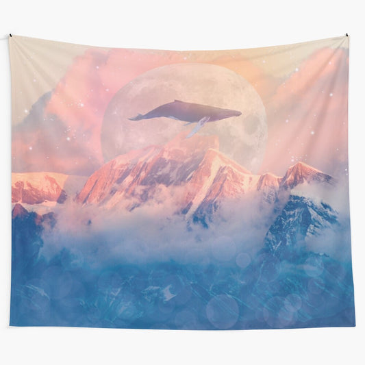 Stunning tapestry depicting a whale soaring through a cosmic, mountainous landscape