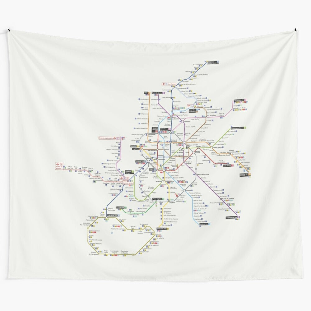 Madrid subway-inspired tapestry wall decor featuring minimalist metro map design