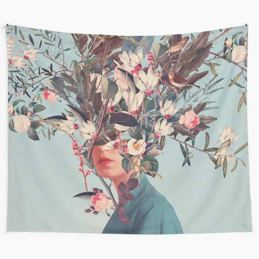 Surreal digital collage tapestry featuring a woman's portrait with flowers, birds, and nature elements