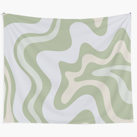 Contemporary abstract tapestry in light sage green, grey, and almond swirl pattern