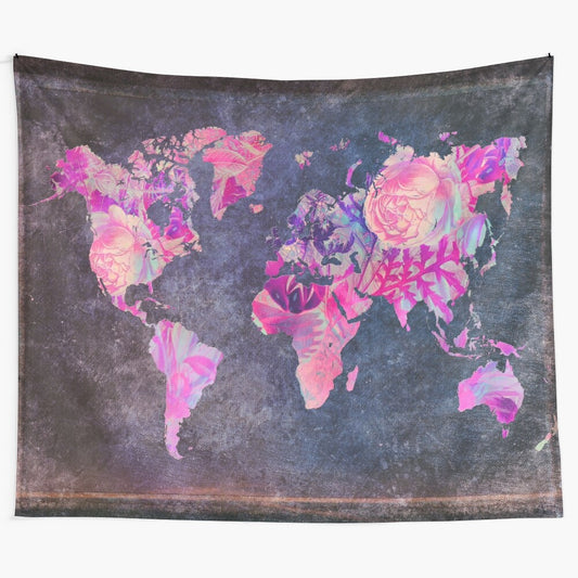 Vintage-style world map tapestry with typographic elements and bold colors