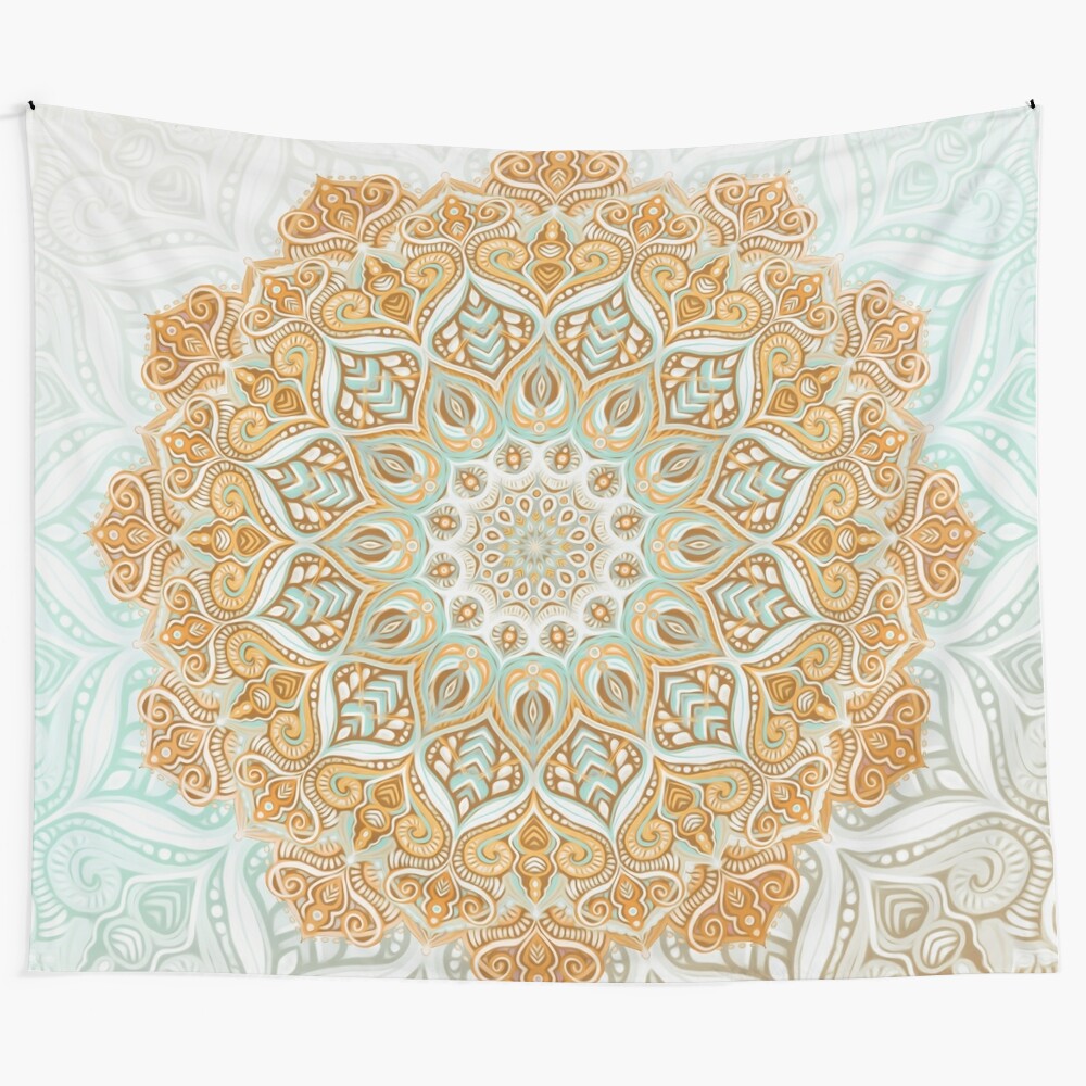 Boho mandala tapestry in neutral tones of mustard, sage, and white