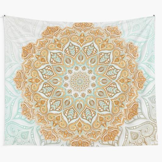 Boho mandala tapestry in neutral tones of mustard, sage, and white