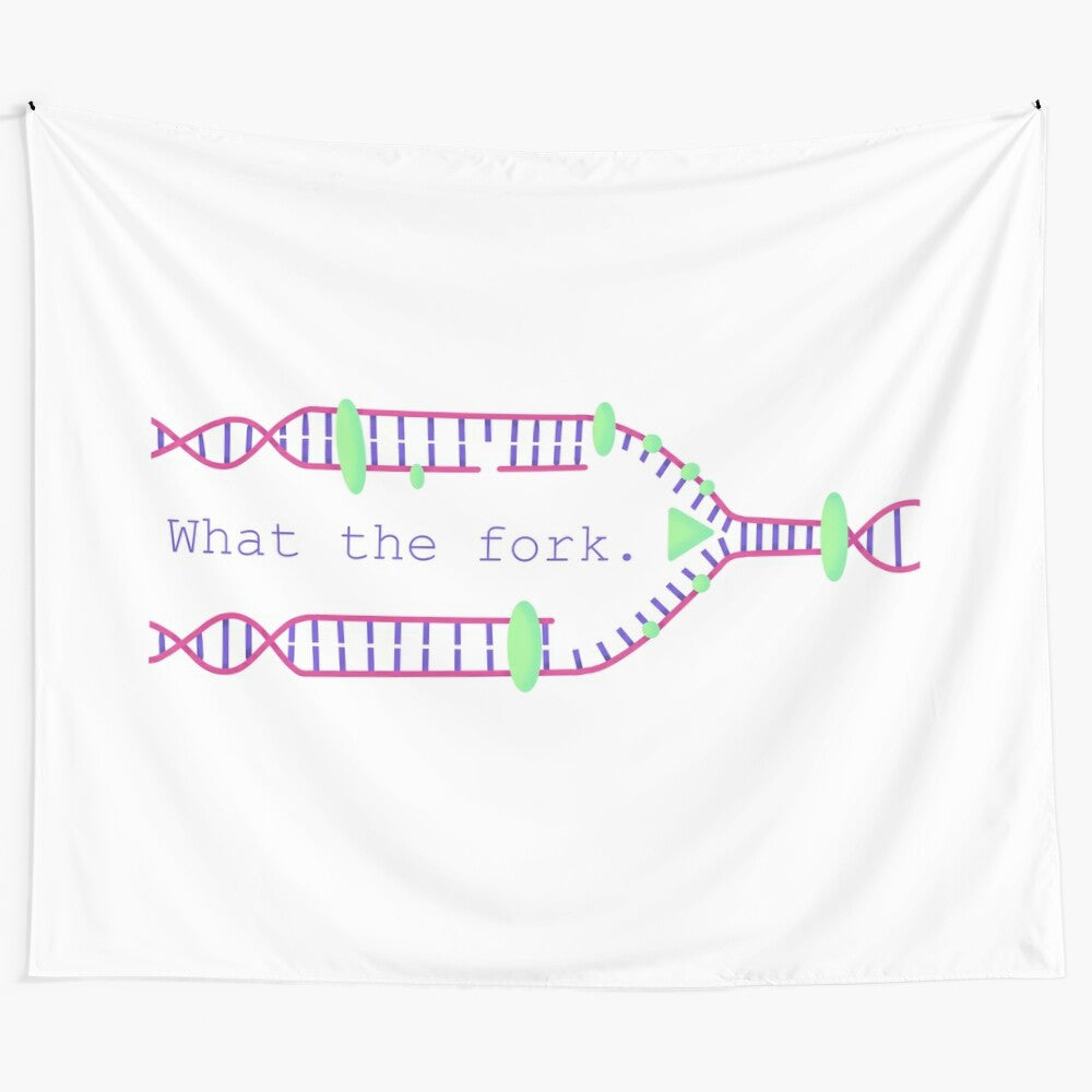 Funny science-themed tapestry with "What the Replication Fork?" text