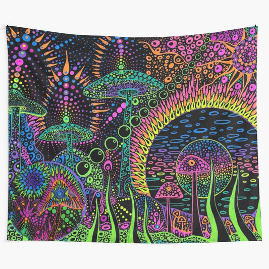 Vibrant mushroom-inspired tapestry with a psychedelic, trippy design