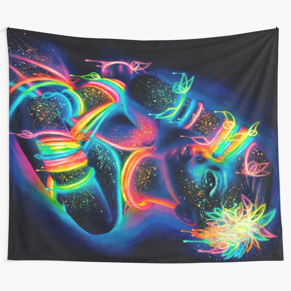 Surreal, psychedelic glow tapestry featuring a mystical butterfly and iridescent, trippy elements