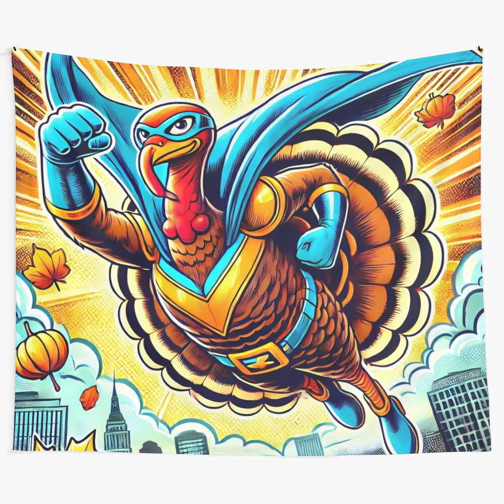 Colorful tapestry featuring a superhero-themed cartoon turkey in flight