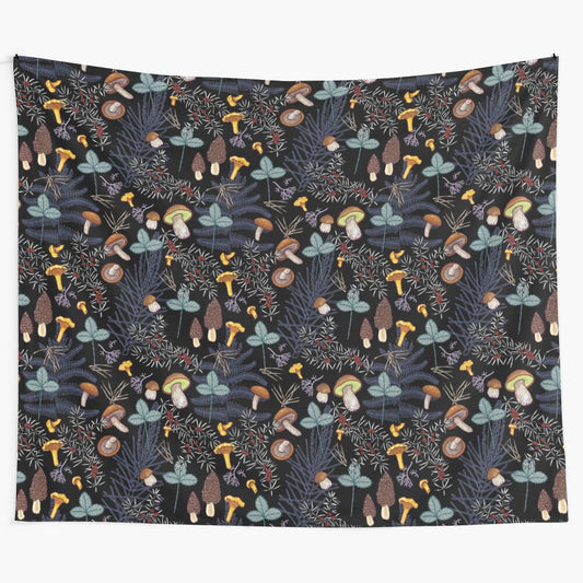 Tapestry featuring dark wild forest mushrooms in a moody autumn woodland scene